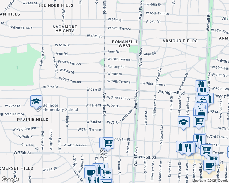 map of restaurants, bars, coffee shops, grocery stores, and more near 1263 West Gregory Boulevard in Kansas City