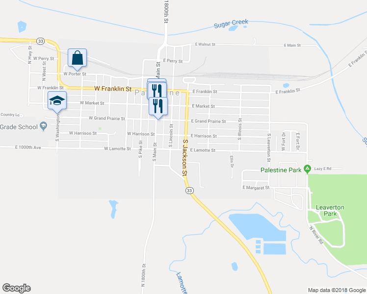 map of restaurants, bars, coffee shops, grocery stores, and more near 208 East Lamotte Street in Palestine
