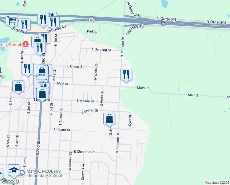 map of restaurants, bars, coffee shops, grocery stores, and more near 109 South Johnson Drive in Odessa