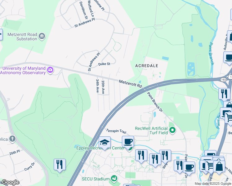 map of restaurants, bars, coffee shops, grocery stores, and more near 8801 37th Avenue in College Park