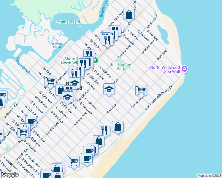 map of restaurants, bars, coffee shops, grocery stores, and more near 300 East 11th Avenue in North Wildwood