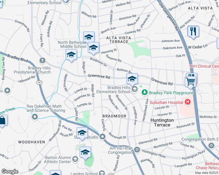 map of restaurants, bars, coffee shops, grocery stores, and more near 8713 Rayburn Road in Bethesda