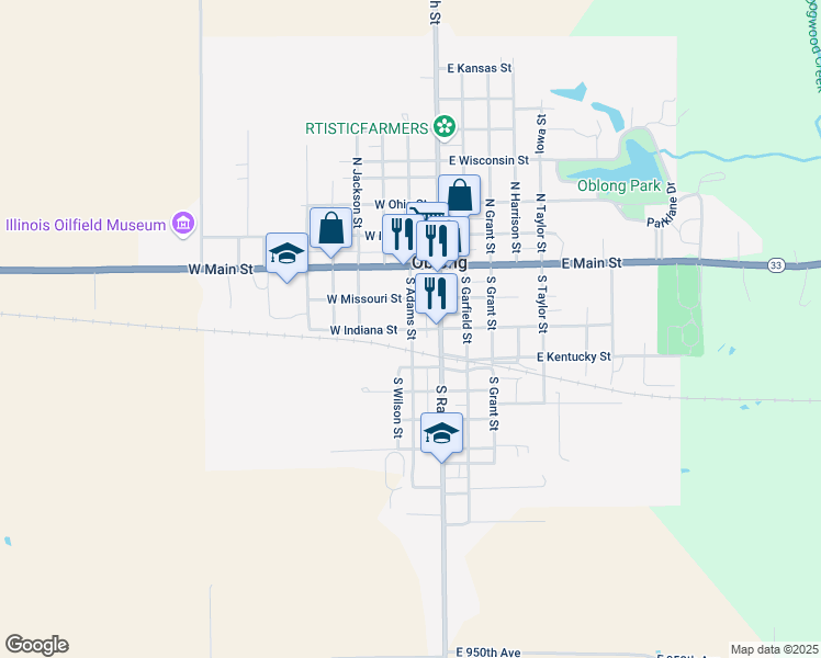 map of restaurants, bars, coffee shops, grocery stores, and more near 201 West Indiana Street in Oblong