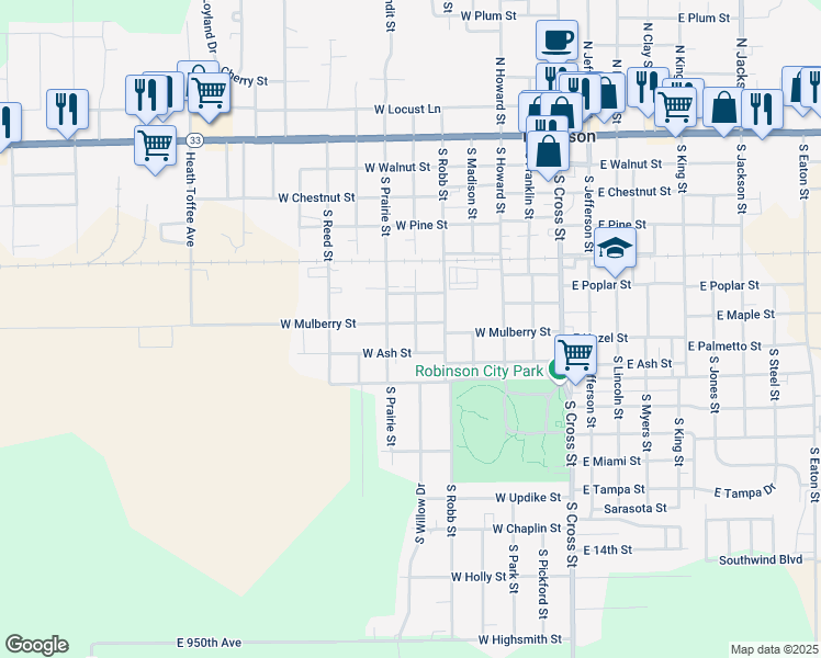 map of restaurants, bars, coffee shops, grocery stores, and more near 601 West Mulberry Street in Robinson