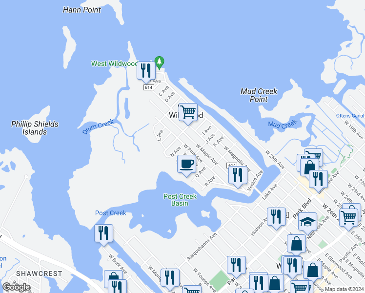 map of restaurants, bars, coffee shops, grocery stores, and more near 644 West Pine Avenue in West Wildwood
