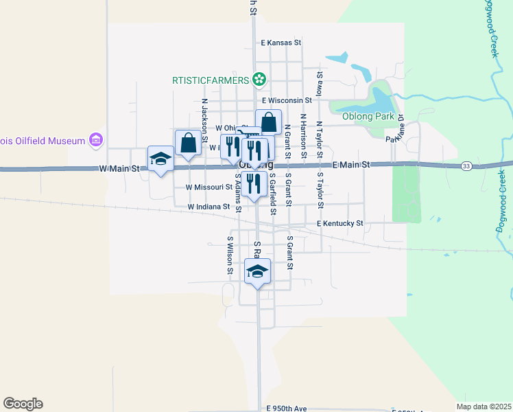 map of restaurants, bars, coffee shops, grocery stores, and more near 101 West Indiana Street in Oblong