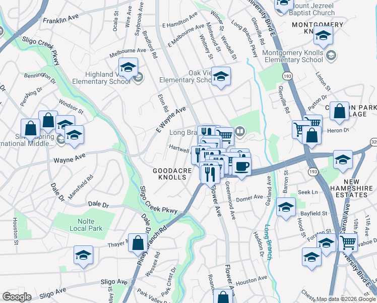 map of restaurants, bars, coffee shops, grocery stores, and more near Hartwell Road in Silver Spring