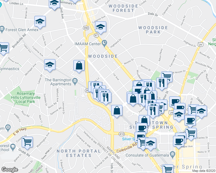 map of restaurants, bars, coffee shops, grocery stores, and more near 1601 North Springwood Drive in Silver Spring