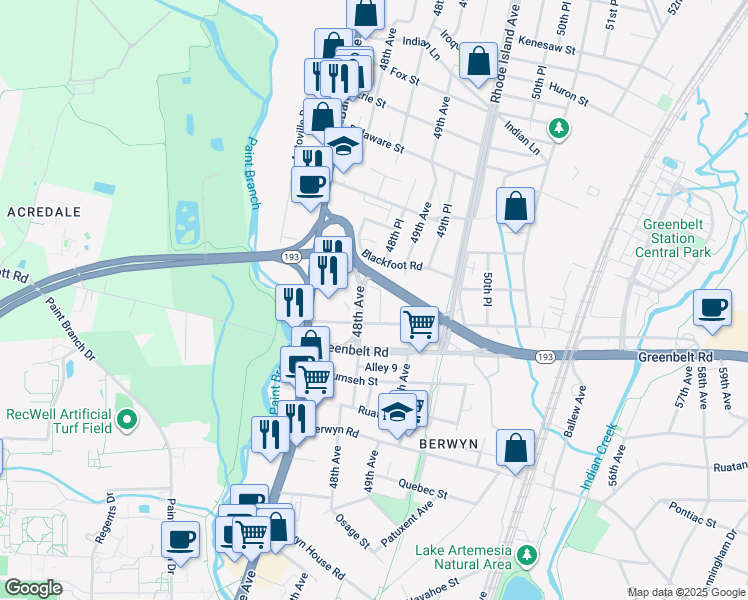 map of restaurants, bars, coffee shops, grocery stores, and more near 9006 48th Place in College Park