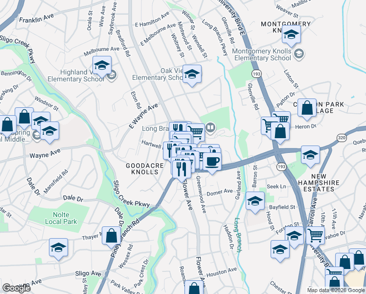 map of restaurants, bars, coffee shops, grocery stores, and more near 8805 Flower Avenue in Silver Spring