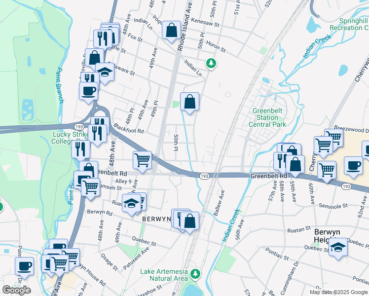map of restaurants, bars, coffee shops, grocery stores, and more near 5015 Apache Street in College Park