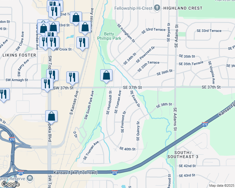 map of restaurants, bars, coffee shops, grocery stores, and more near 3706 South Humboldt Street in Topeka