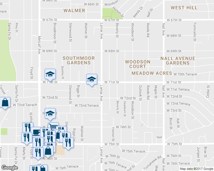 map of restaurants, bars, coffee shops, grocery stores, and more near 7106 Horton Street in Overland Park