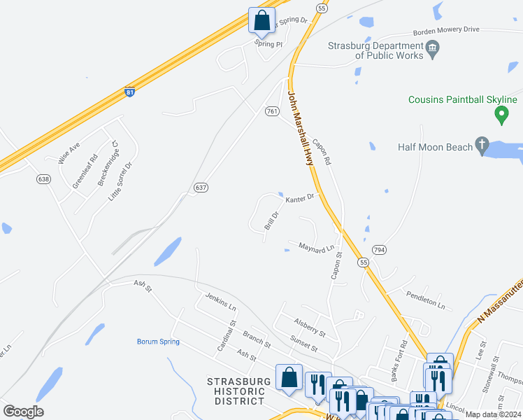 map of restaurants, bars, coffee shops, grocery stores, and more near 207 Kanter Drive in Strasburg