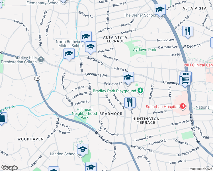 map of restaurants, bars, coffee shops, grocery stores, and more near 8713 Rayburn Road in Bethesda