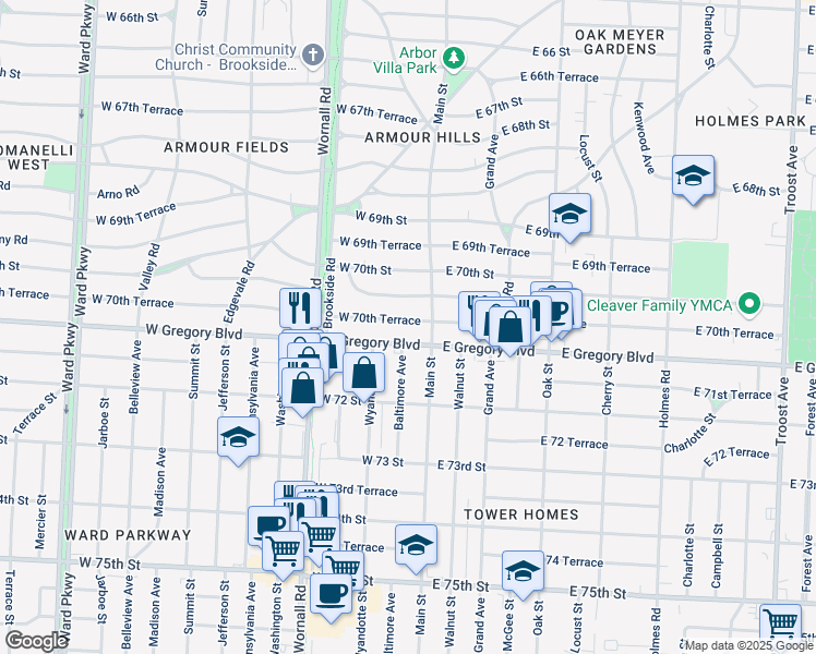 map of restaurants, bars, coffee shops, grocery stores, and more near 19 West 70th Terrace in Kansas City