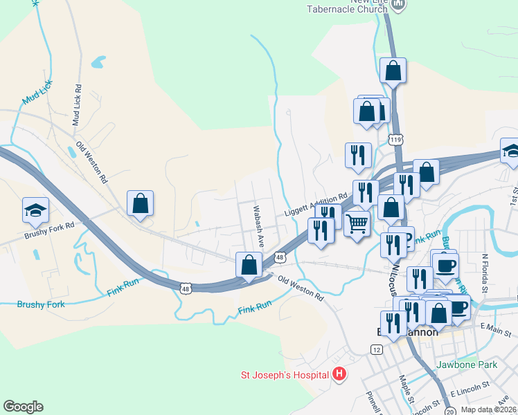 map of restaurants, bars, coffee shops, grocery stores, and more near 274 Wabash Ave in Buckhannon