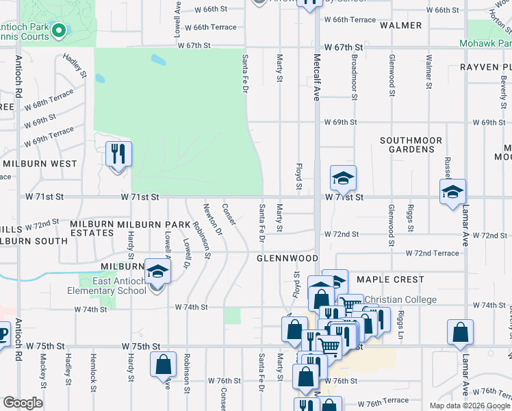 map of restaurants, bars, coffee shops, grocery stores, and more near 7109 Santa Fe Drive in Overland Park