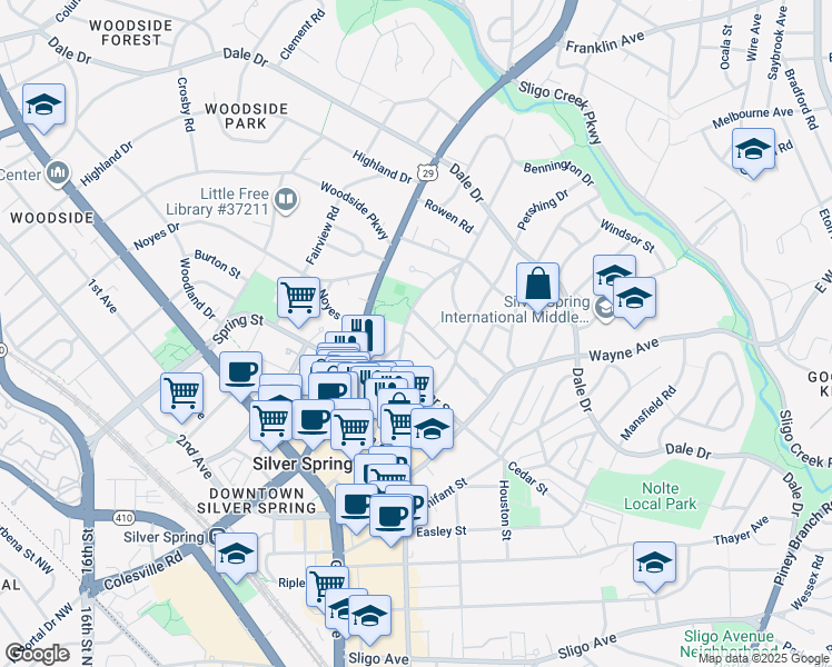 map of restaurants, bars, coffee shops, grocery stores, and more near 71 Ellsworth Heights Street in Silver Spring