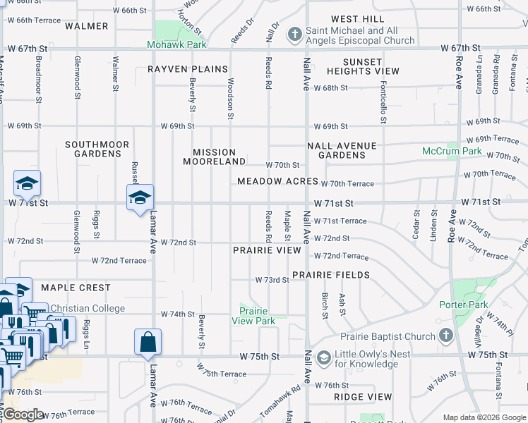 map of restaurants, bars, coffee shops, grocery stores, and more near 7106 Reeds Road in Overland Park
