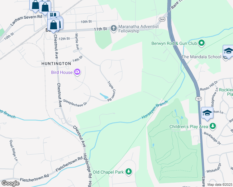 map of restaurants, bars, coffee shops, grocery stores, and more near 8213 Triple Crown Road in Bowie
