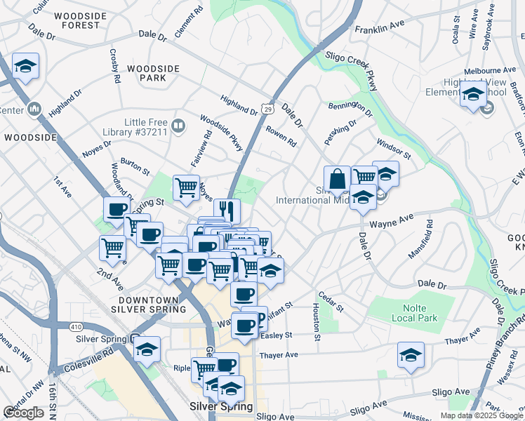 map of restaurants, bars, coffee shops, grocery stores, and more near 65 Ellsworth Heights Street in Silver Spring