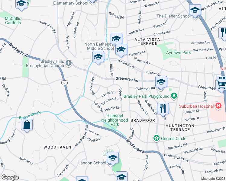map of restaurants, bars, coffee shops, grocery stores, and more near 8804 Lowell Street in Bethesda