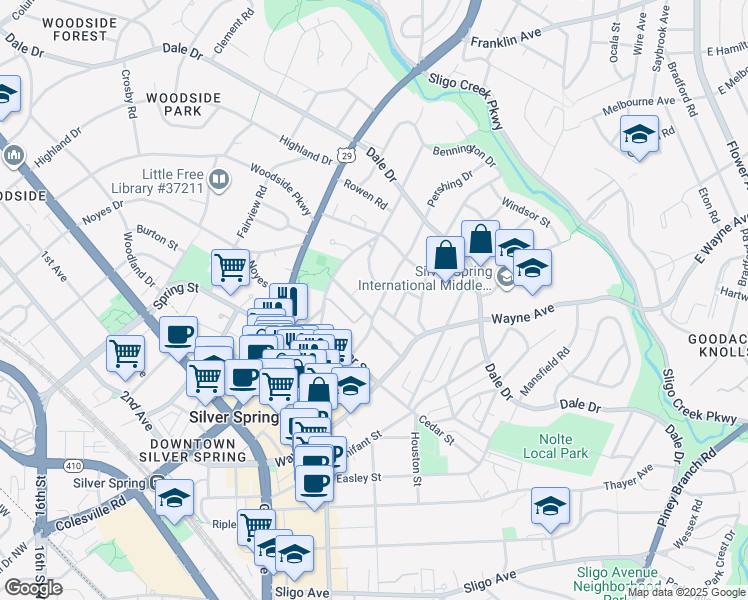 map of restaurants, bars, coffee shops, grocery stores, and more near 617 Pershing Drive in Silver Spring