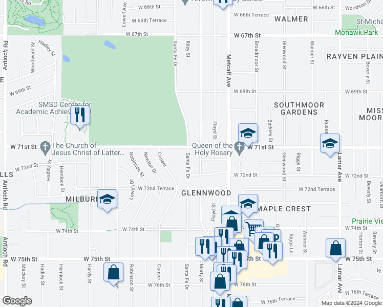 map of restaurants, bars, coffee shops, grocery stores, and more near 7109 Santa Fe Drive in Overland Park