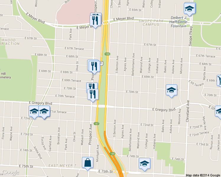 map of restaurants, bars, coffee shops, grocery stores, and more near 6943 Chestnut Avenue in Kansas City