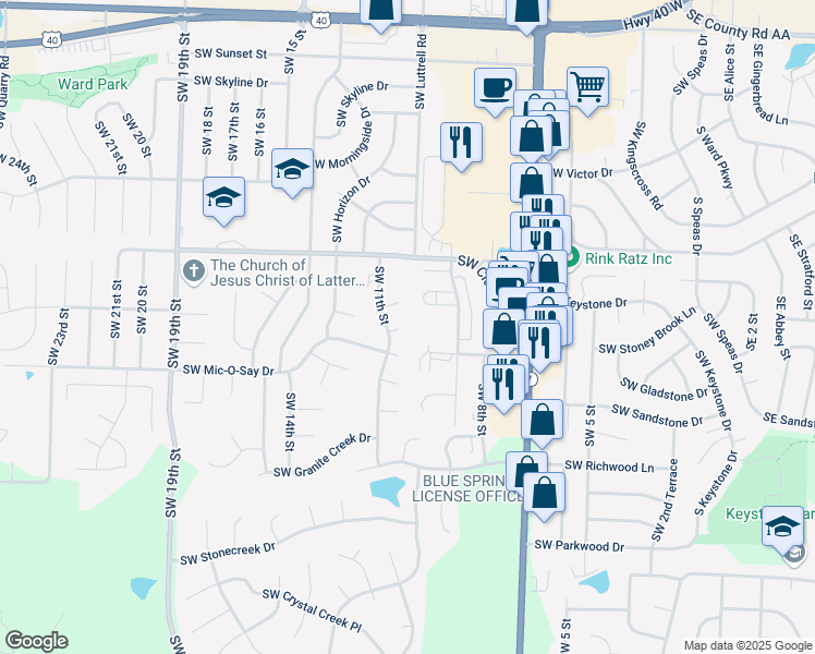 map of restaurants, bars, coffee shops, grocery stores, and more near 1001 Southwest Warrior in Blue Springs