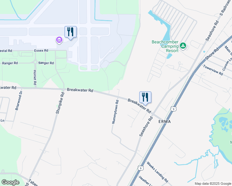 map of restaurants, bars, coffee shops, grocery stores, and more near 545 Breakwater Road in Cape May