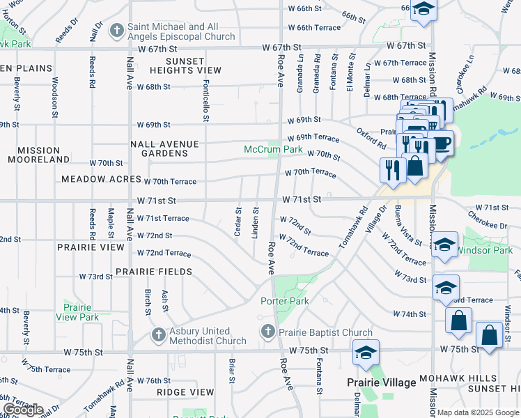 map of restaurants, bars, coffee shops, grocery stores, and more near 7105 Linden Street in Prairie Village