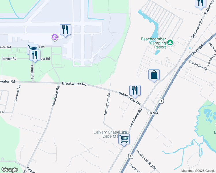map of restaurants, bars, coffee shops, grocery stores, and more near 539 Breakwater Road in Cape May
