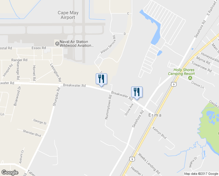map of restaurants, bars, coffee shops, grocery stores, and more near 545 Breakwater Road in Cape May