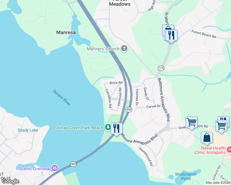 map of restaurants, bars, coffee shops, grocery stores, and more near 6 Chase Road in Annapolis