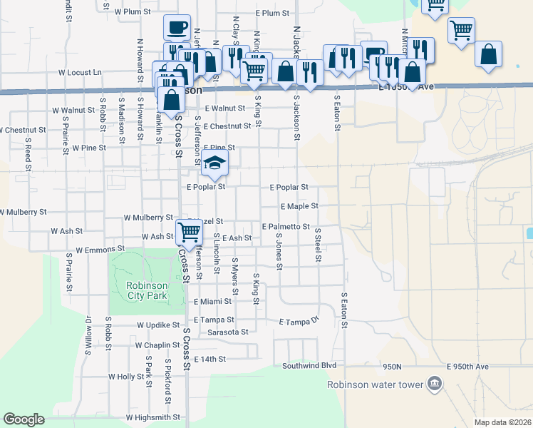 map of restaurants, bars, coffee shops, grocery stores, and more near 701-799 South Jones Street in Robinson