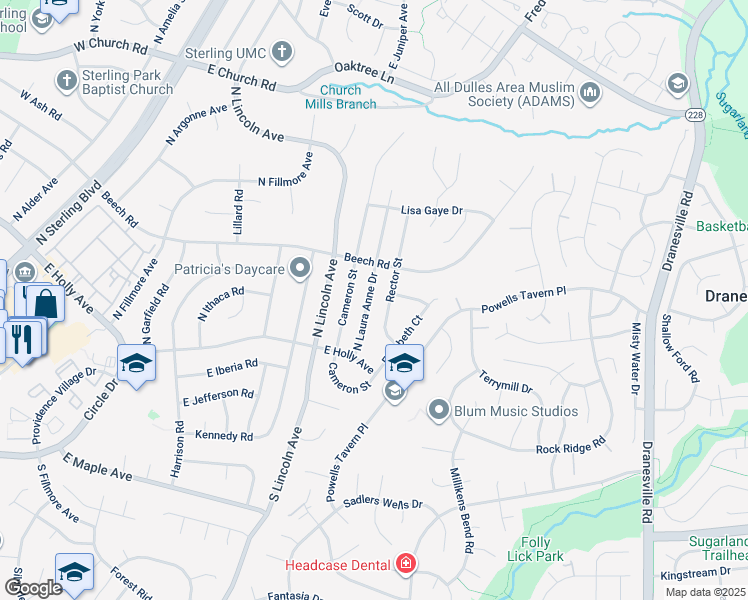 map of restaurants, bars, coffee shops, grocery stores, and more near 114 North Laura Anne Drive in Sterling