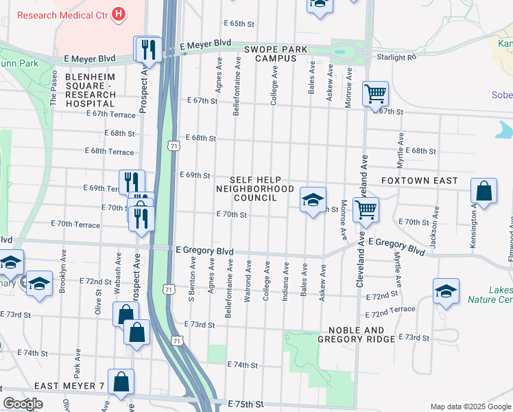 map of restaurants, bars, coffee shops, grocery stores, and more near 6935 Walrond Avenue in Kansas City