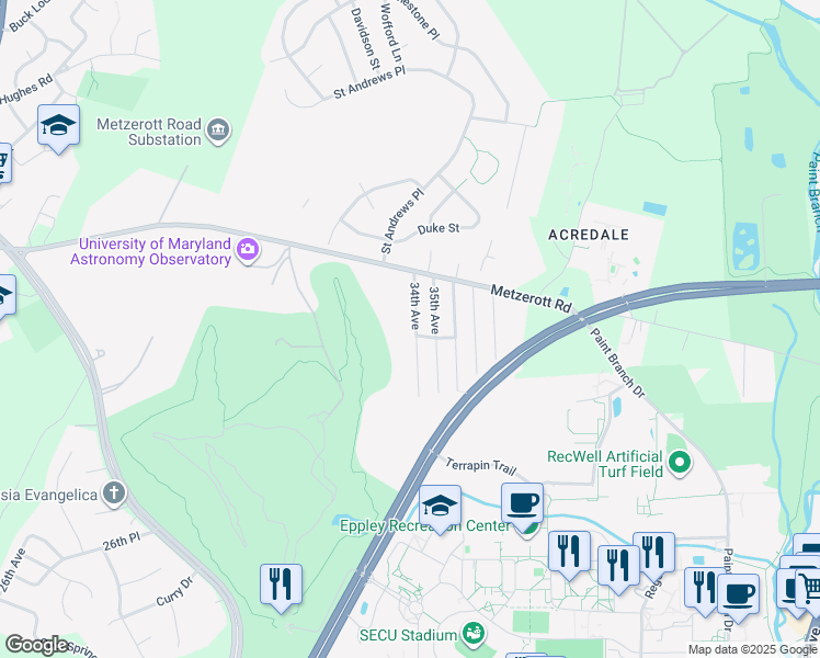 map of restaurants, bars, coffee shops, grocery stores, and more near 8804 34th Avenue in College Park