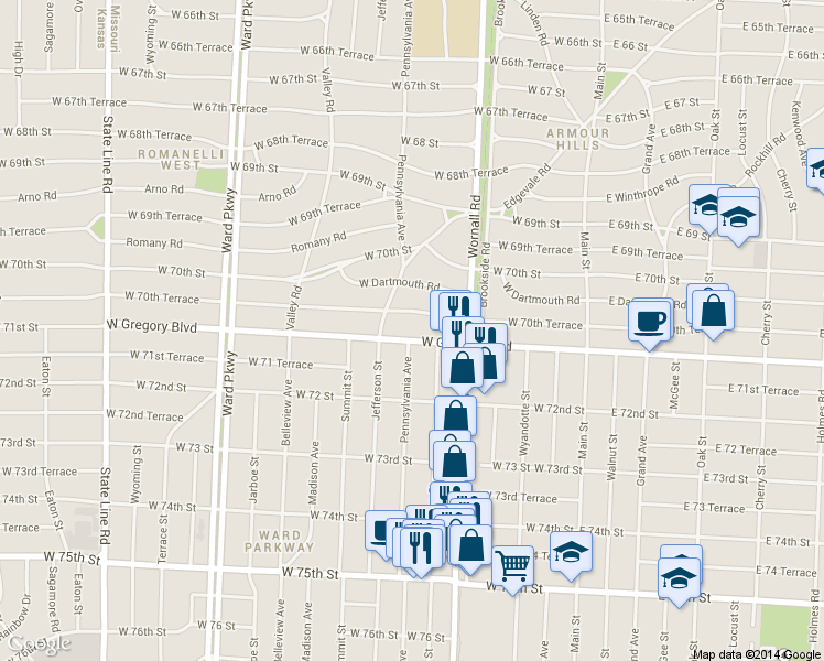 map of restaurants, bars, coffee shops, grocery stores, and more near 444 West Gregory Boulevard in Kansas City