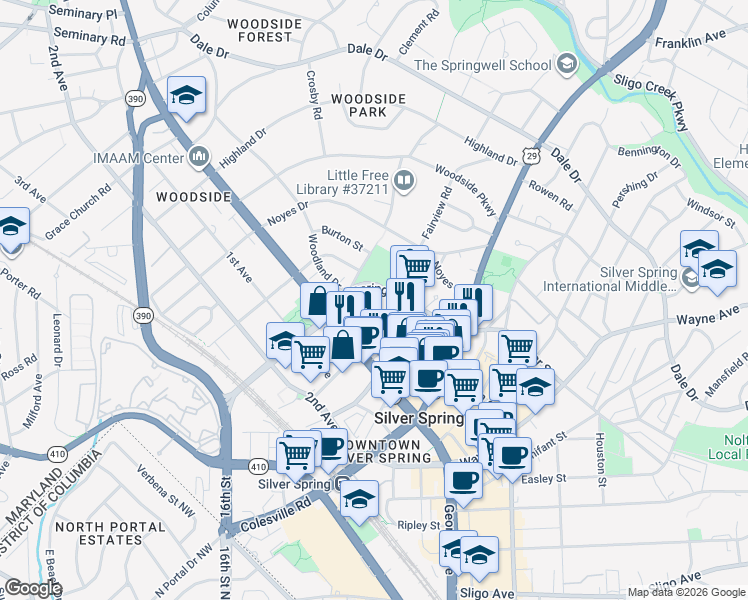 map of restaurants, bars, coffee shops, grocery stores, and more near 101 Independence Avenue Southeast in Washington