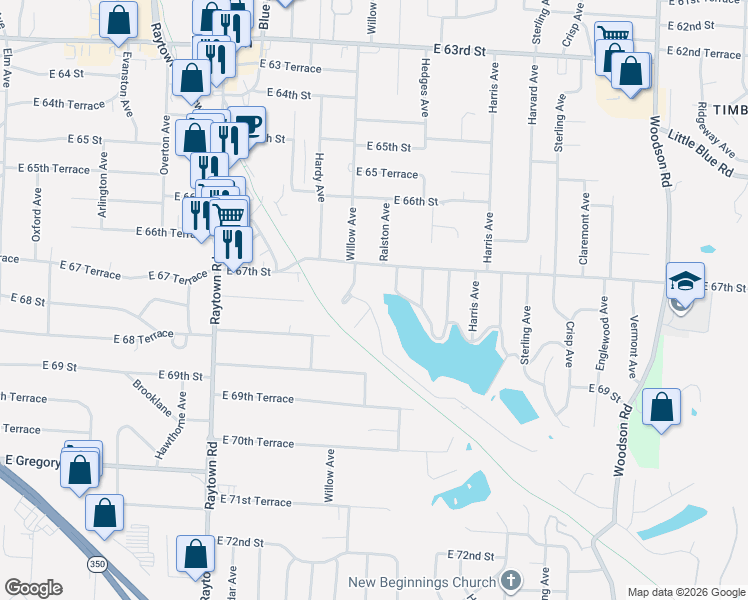 map of restaurants, bars, coffee shops, grocery stores, and more near 6809 Lakeshore Drive in Raytown