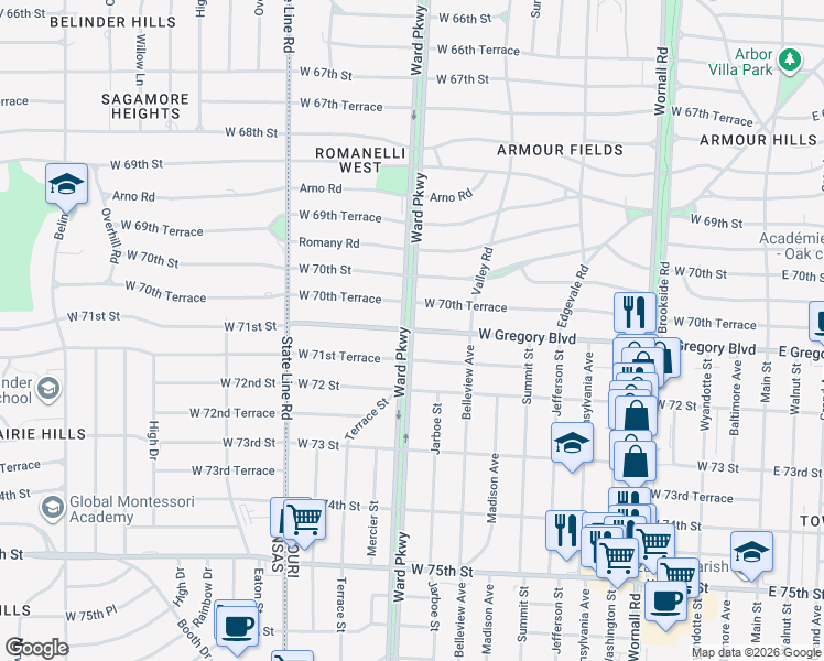 map of restaurants, bars, coffee shops, grocery stores, and more near 1201 West Gregory Boulevard in Kansas City