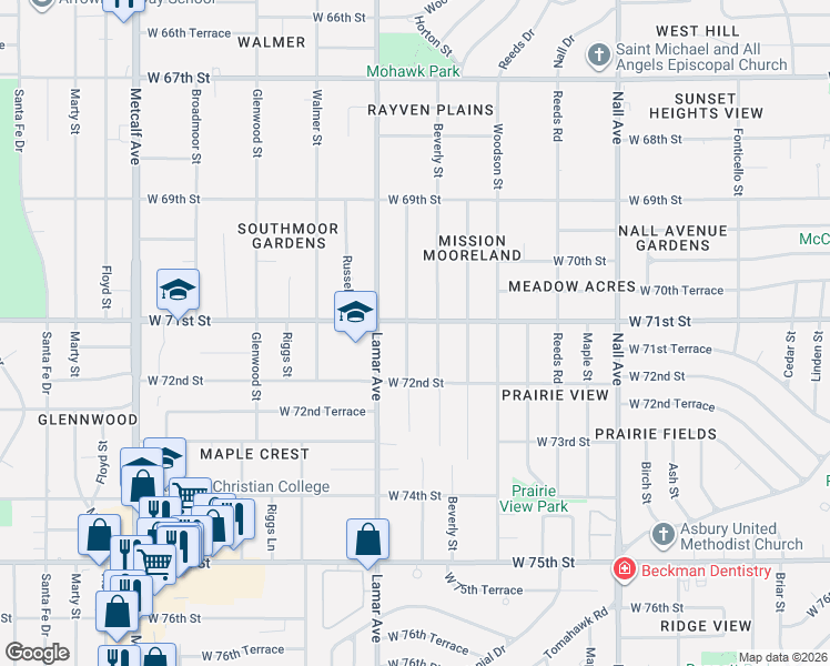 map of restaurants, bars, coffee shops, grocery stores, and more near 7106 Horton Street in Overland Park