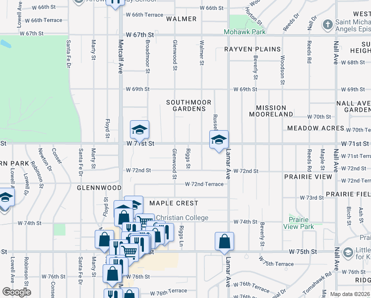 map of restaurants, bars, coffee shops, grocery stores, and more near 7108 Riggs Street in Overland Park
