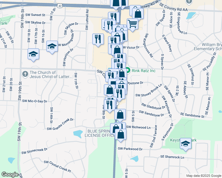 map of restaurants, bars, coffee shops, grocery stores, and more near 1523 Missouri 7 in Blue Springs