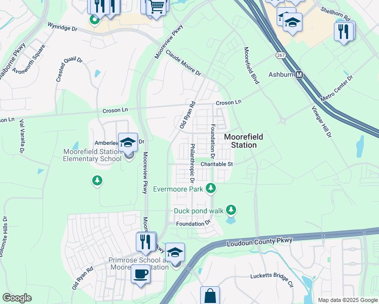 map of restaurants, bars, coffee shops, grocery stores, and more near 22295 Philanthropic Drive in Ashburn