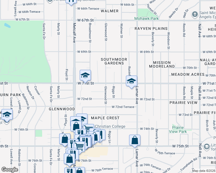 map of restaurants, bars, coffee shops, grocery stores, and more near 7108 Riggs Street in Overland Park
