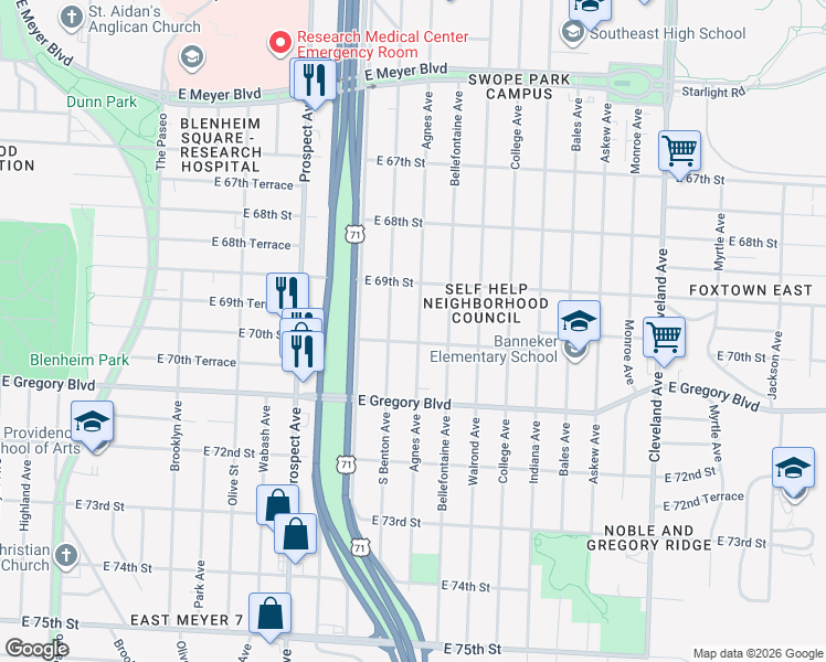 map of restaurants, bars, coffee shops, grocery stores, and more near 6946 Agnes Avenue in Kansas City